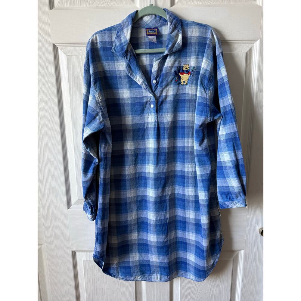 Vintage‎ Pooh Blue Plaid Flannel Nightgown Sz Large Disney 90s Hundred Acre Wood